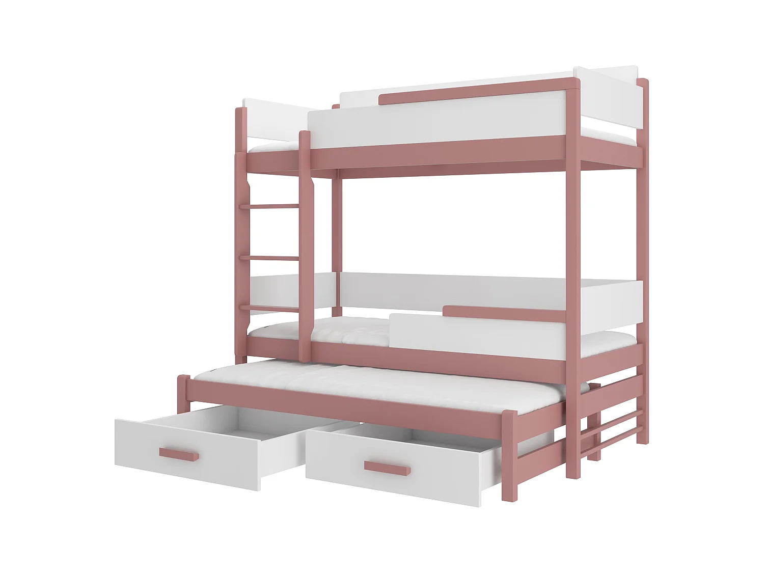 Lit superposé 3 places 90x200 KINZEY - 2 tiroirs de rangement et 3 sommiers-Rose