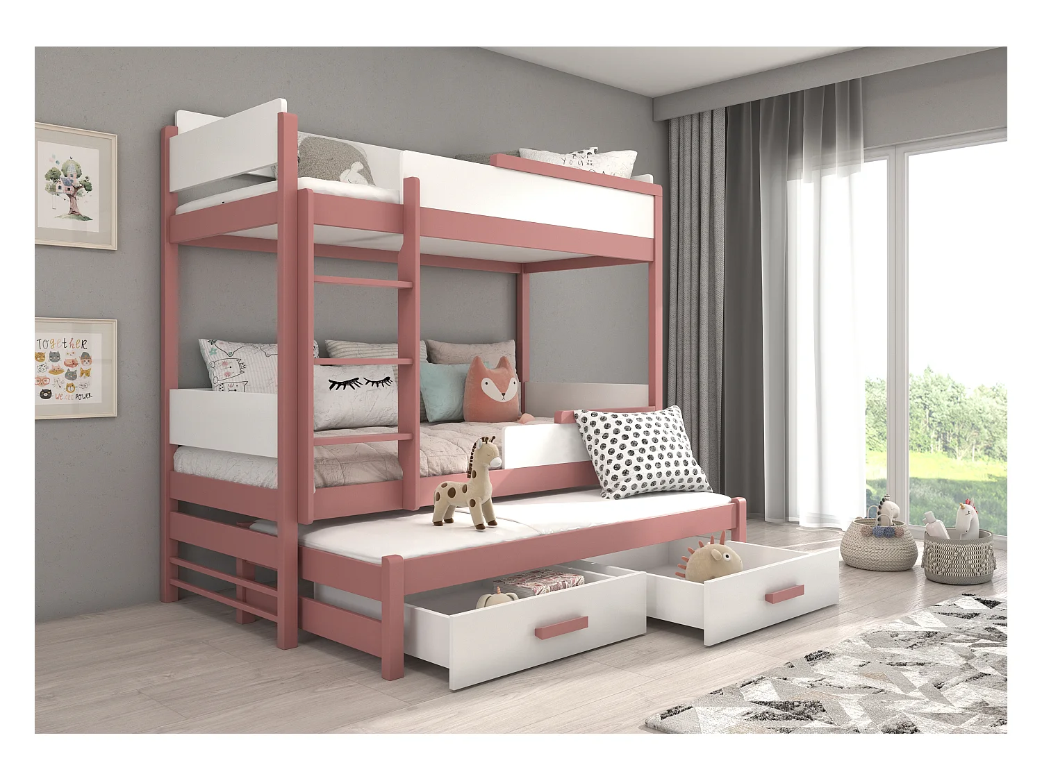 Lit superposé 3 places 90x200 KINZEY - 2 tiroirs de rangement et 3 sommiers-Rose