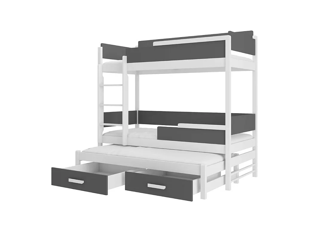 Lit superposé 3 places 90x200 KINZEY - 2 tiroirs de rangement et 3 sommiers-Rose