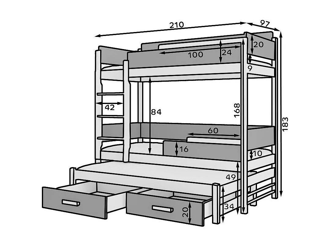 Lit superposé 3 places 90x200 KINZEY - 2 tiroirs de rangement et 3 sommiers-Rose