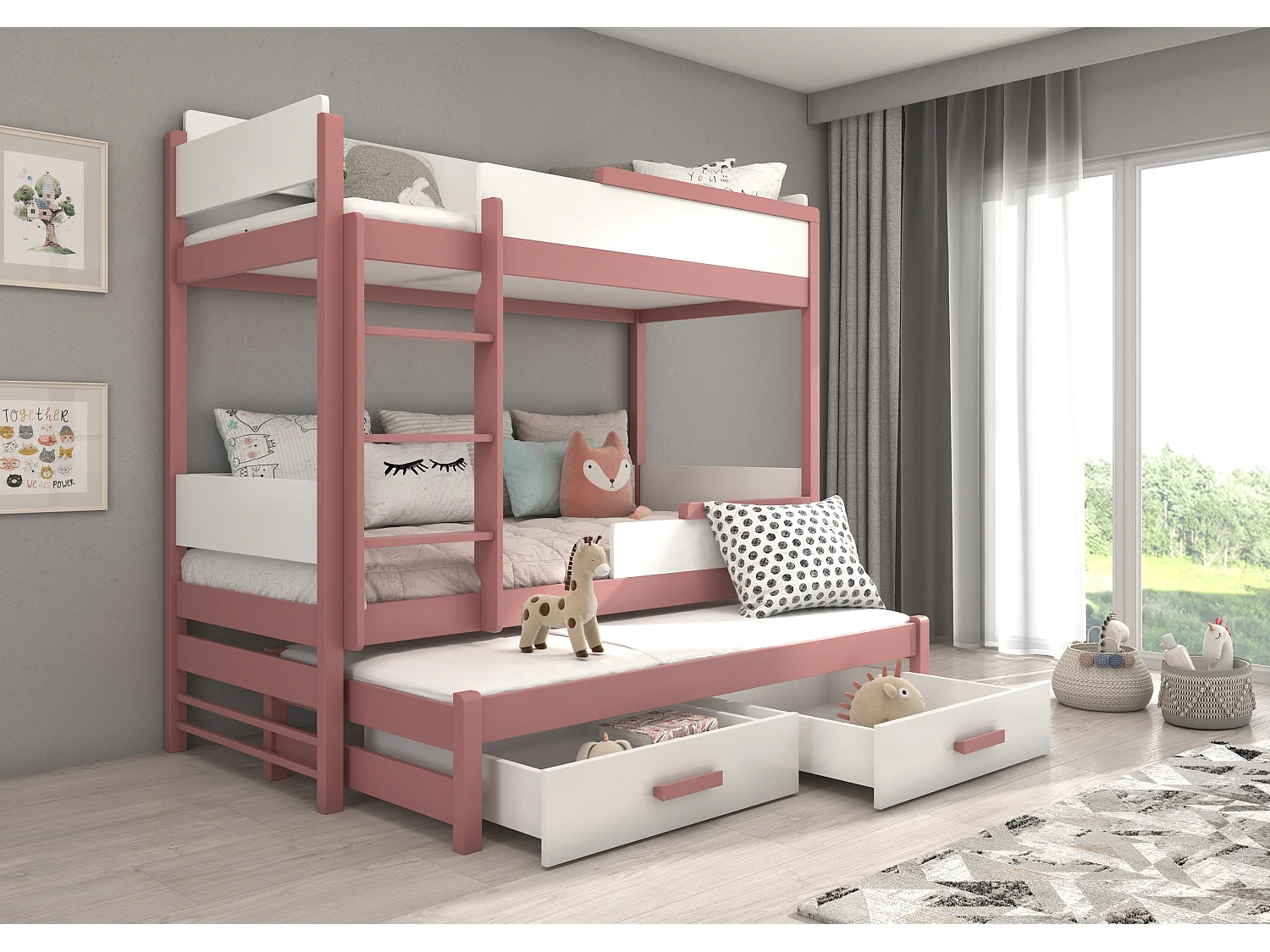 Lit superposé 3 places 90x200 KINZEY - 2 tiroirs de rangement et 3 sommiers-Rose