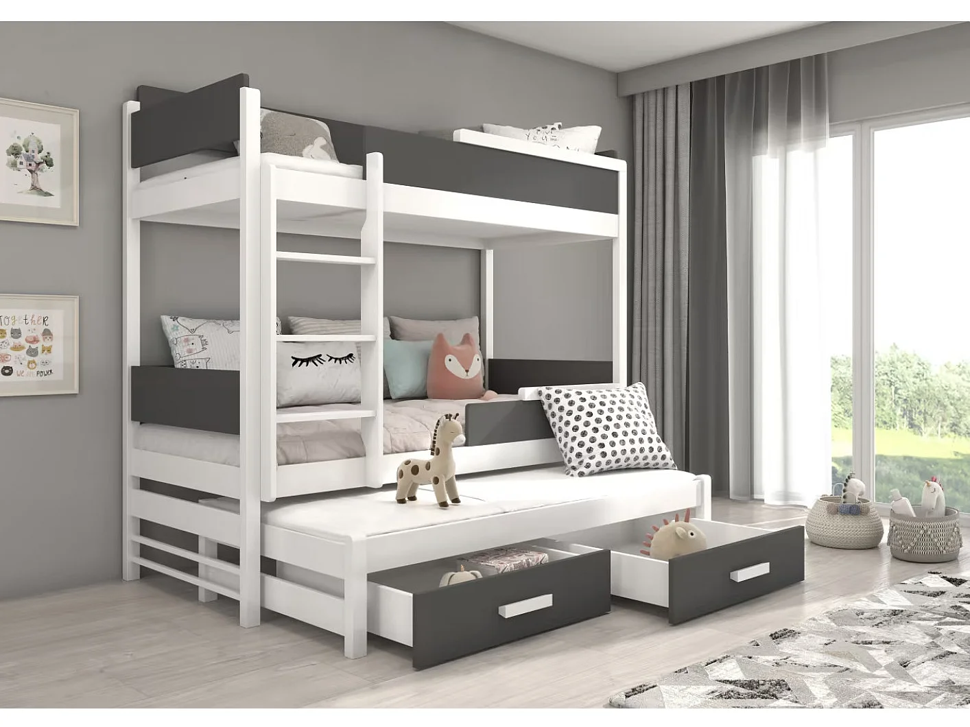 Lit superposé 3 places 90x200 KINZEY - 2 tiroirs de rangement et 3 sommiers-Rose