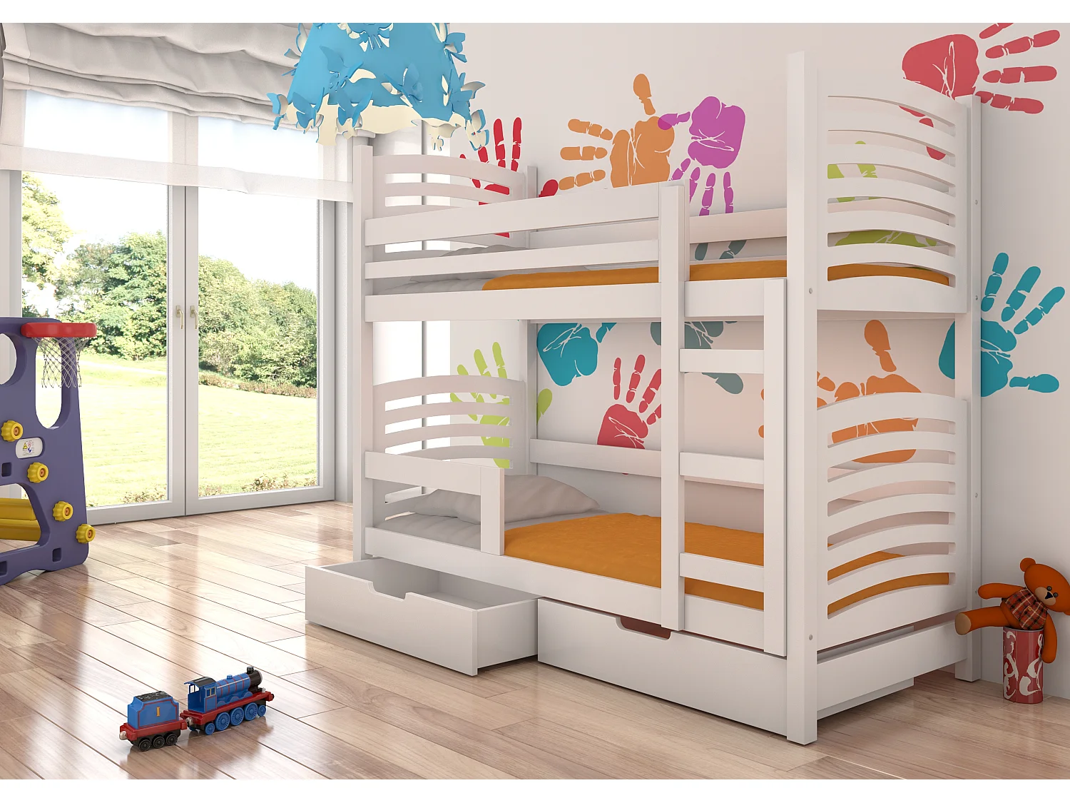 Lit superposé 2 places 80x190 OZURA – Avec matelas et tiroirs de rangement-Blanc