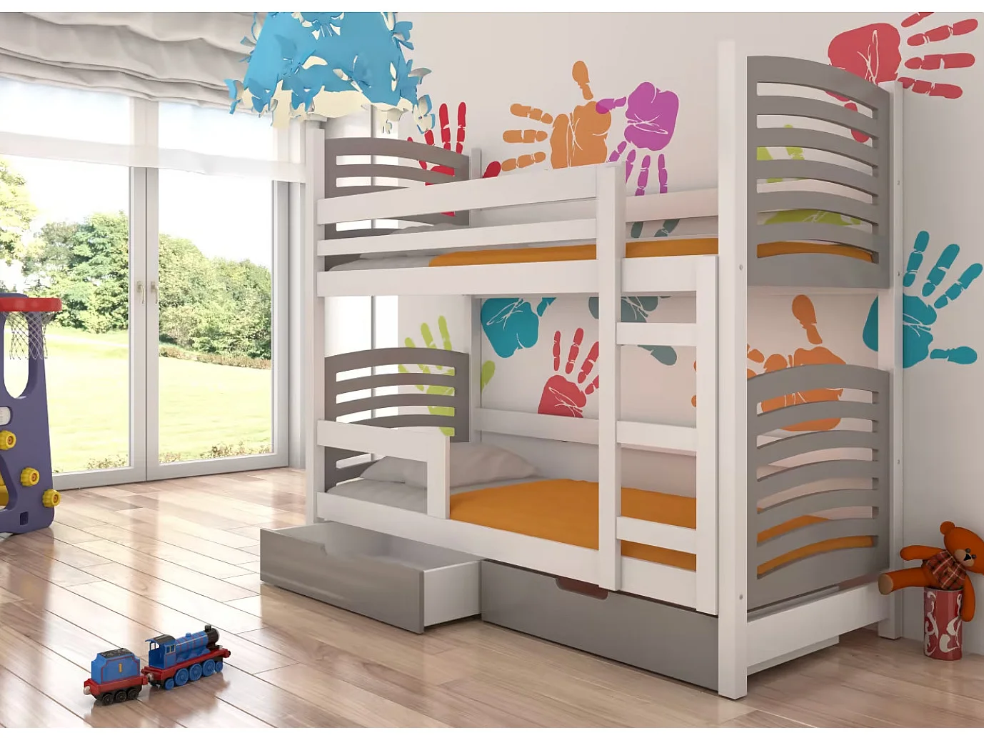 Lit superposé 2 places 80x190 OZURA – Avec matelas et tiroirs de rangement-Blanc