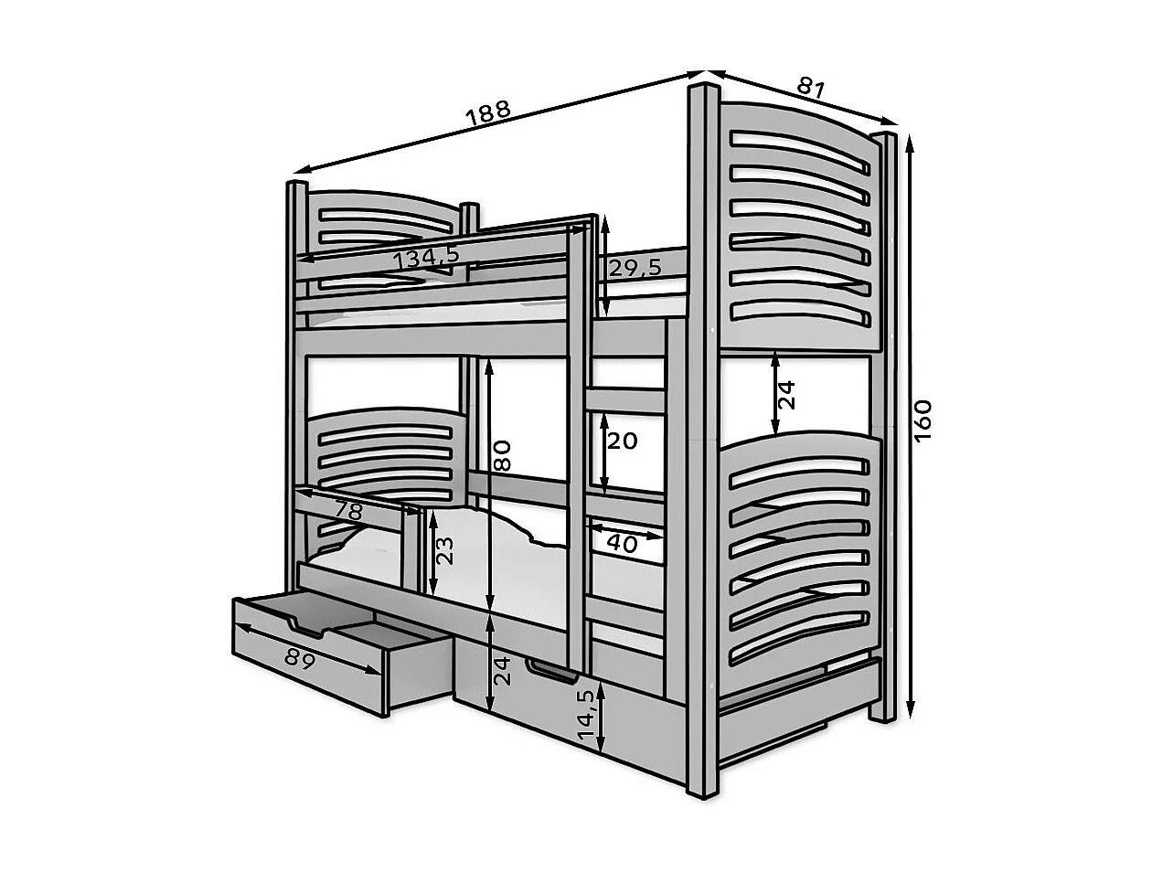 Lit superposé 2 places 80x190 OZURA – Avec matelas et tiroirs de rangement-Blanc