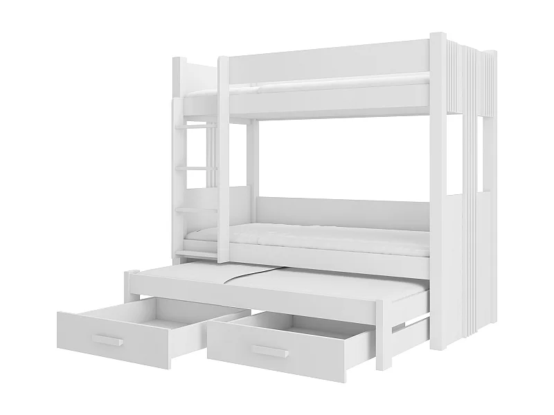 Lit superposé 3 places 90x200 ARKO - 2 tiroirs de rangement et 3 sommiers-Blanc