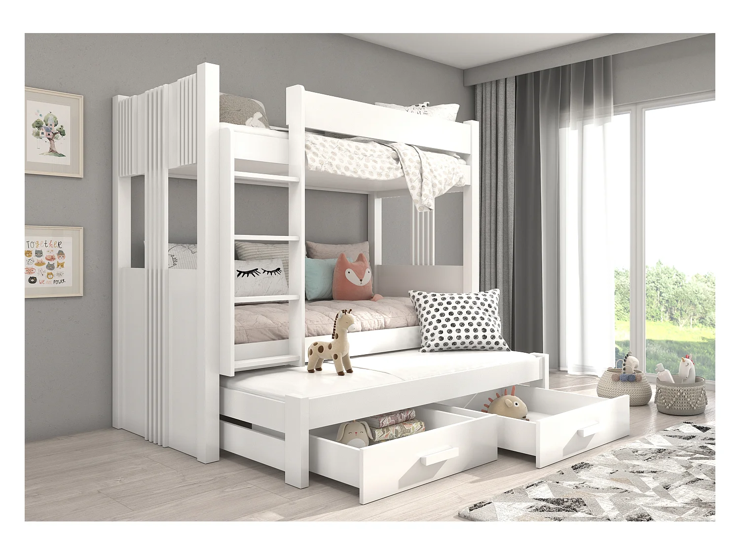 Lit superposé 3 places 90x200 ARKO - 2 tiroirs de rangement et 3 sommiers-Blanc