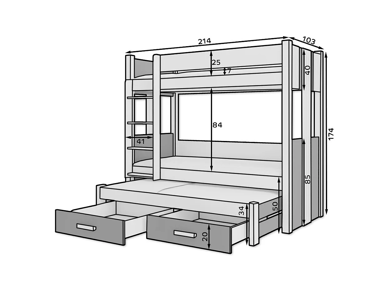 Lit superposé 3 places 90x200 ARKO - 2 tiroirs de rangement et 3 sommiers-Blanc