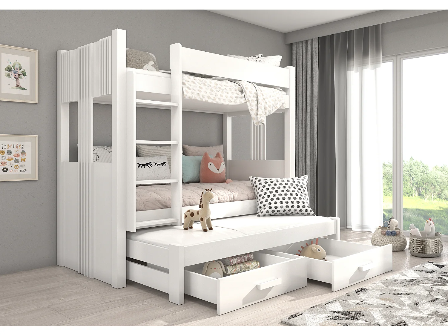 Lit superposé 3 places 90x200 ARKO - 2 tiroirs de rangement et 3 sommiers-Blanc