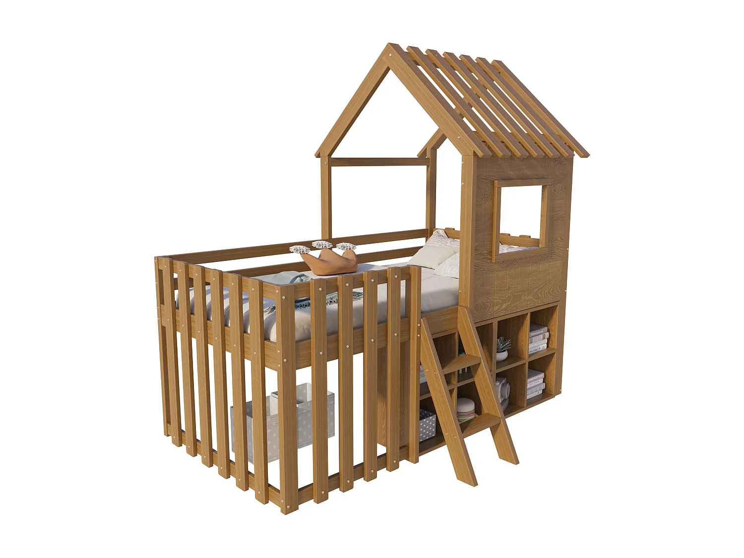 Lit maison 90x200 cm, toit et fenêtre, rangement ouvert, échelle, lit mezzanine enfants, bois massif, sans matelas, bois naturel