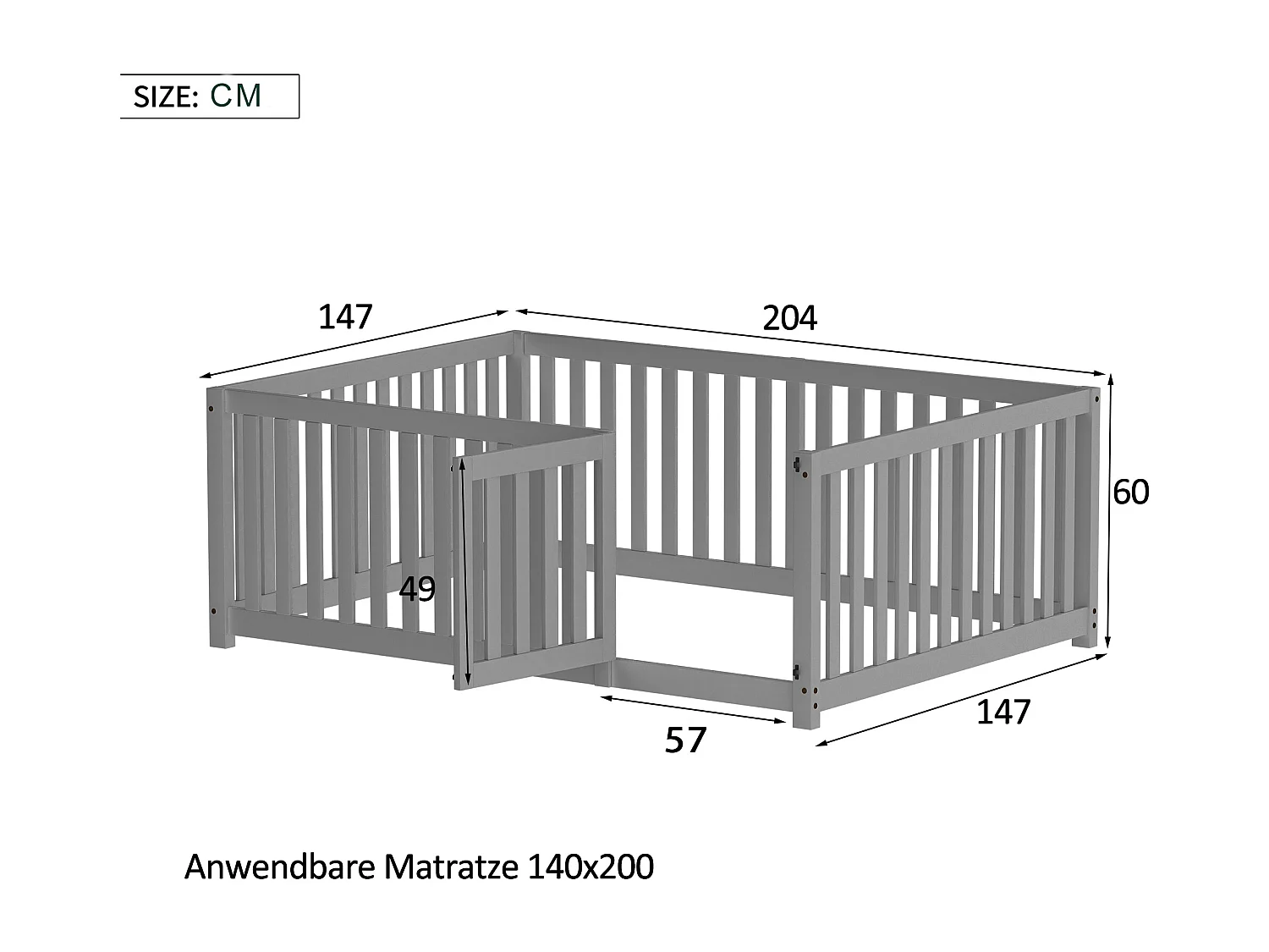 Lit enfant 140x200 cm gris, cadre en bois avec plancher, barrière et porte intégrée, lit sécurisé et stable
