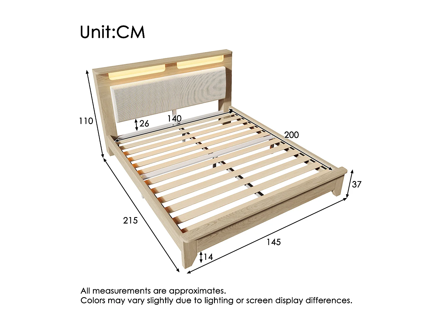 Lit double en bois 140×200 cm avec tête de lit à rangement, LED et dossier en velours côtelé beige, chêne clair