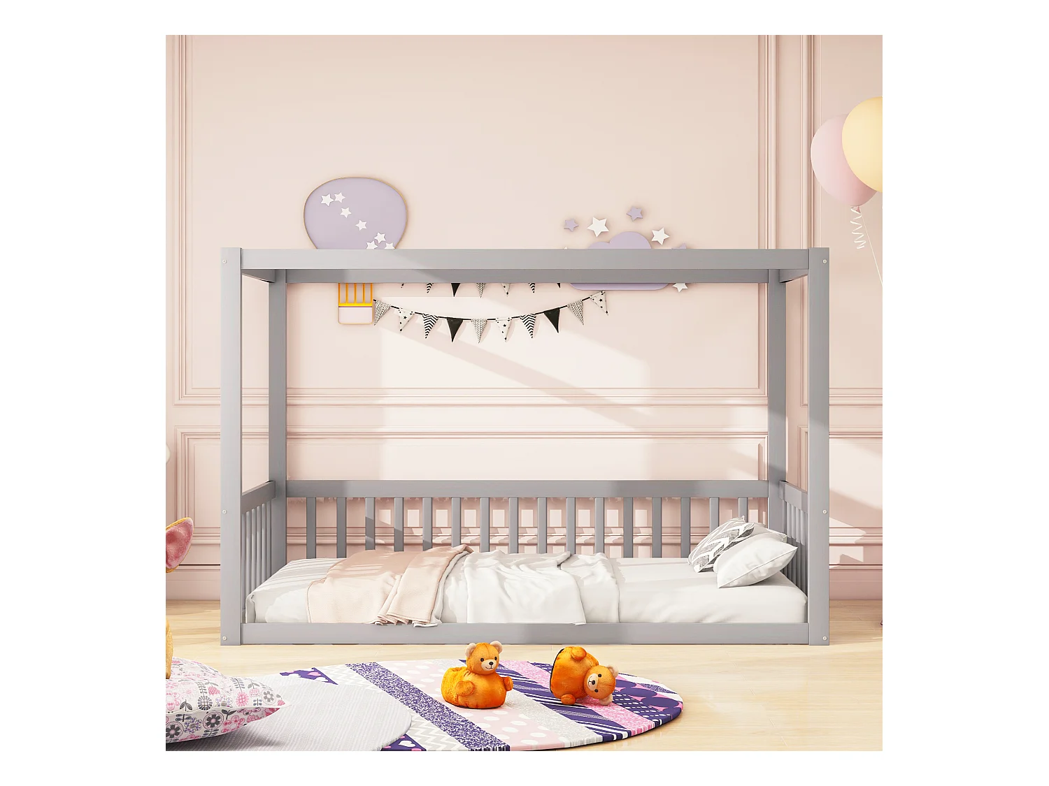 Lit mezzanine enfant 90x200 cm, lit à baldaquin bois massif pour enfants et adolescents, gris