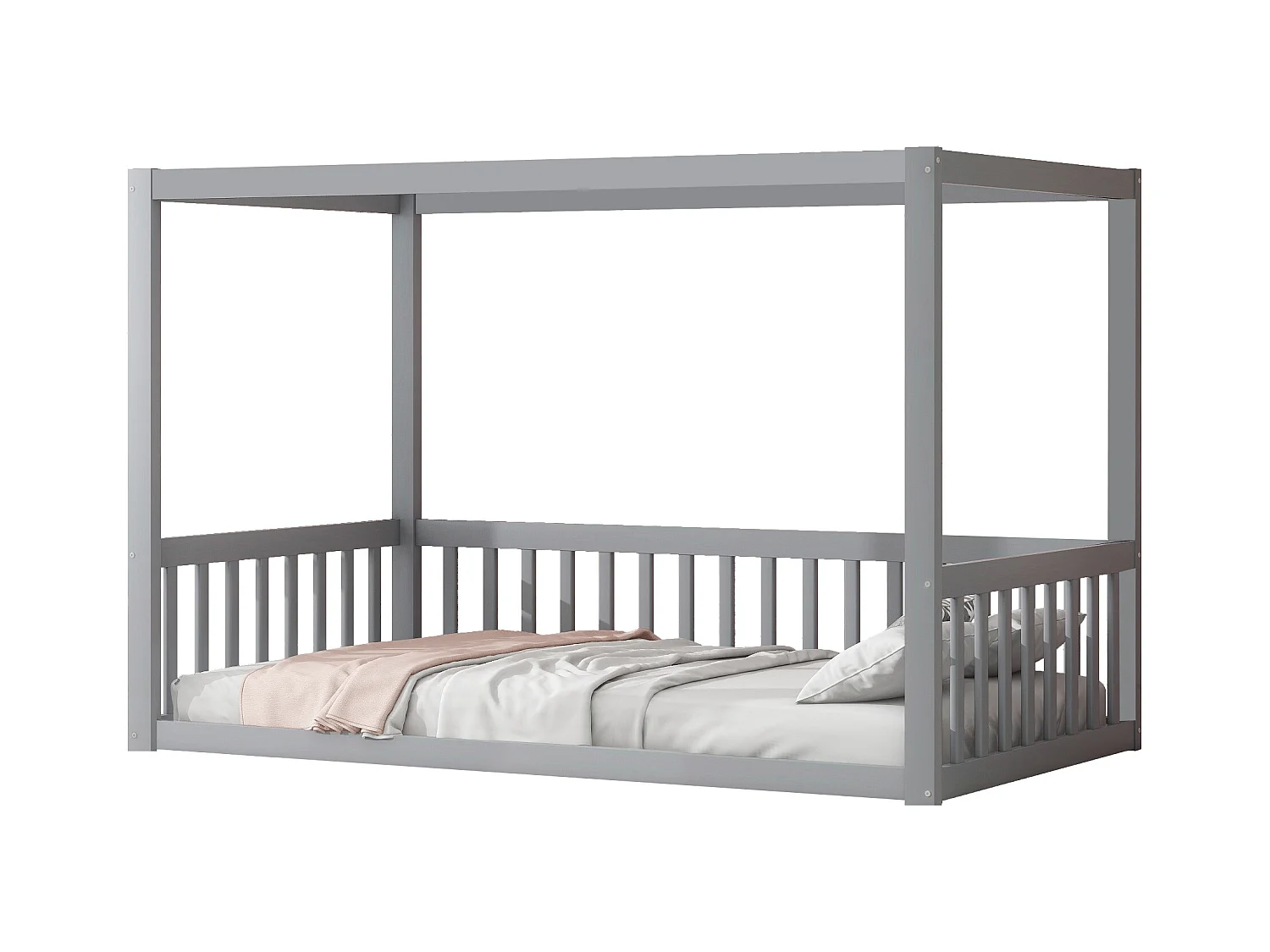 Lit mezzanine enfant 90x200 cm, lit à baldaquin bois massif pour enfants et adolescents, gris