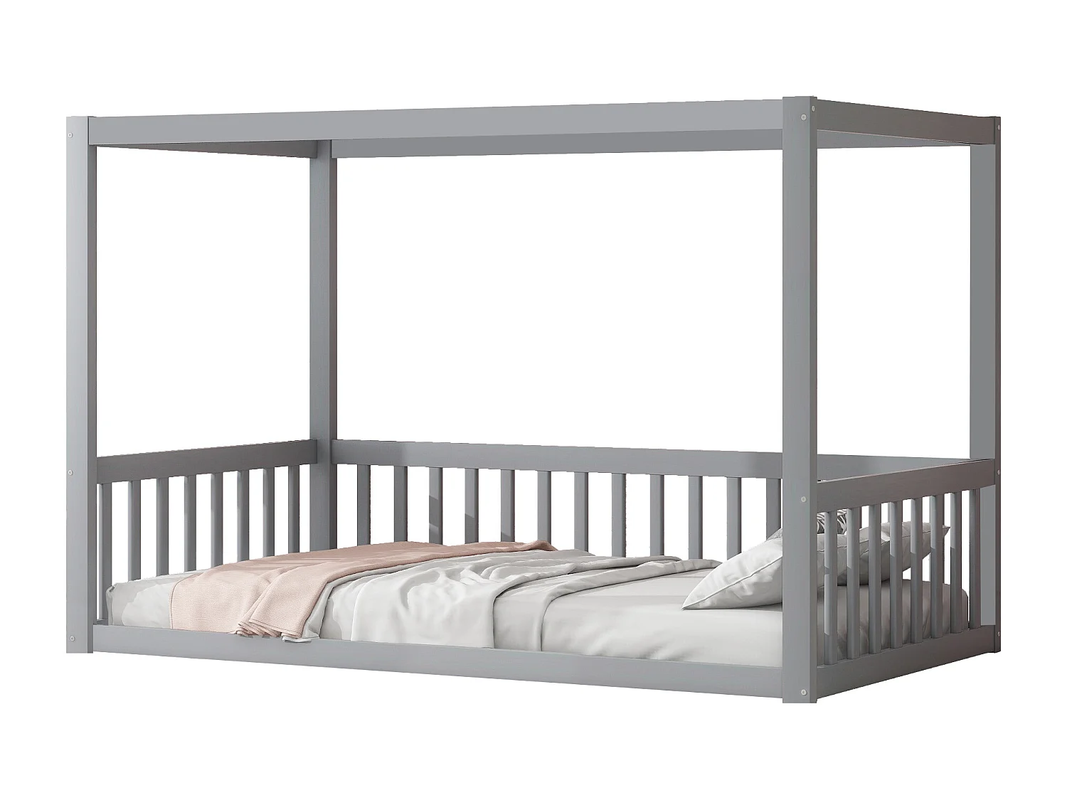Lit mezzanine enfant 90x200 cm, lit à baldaquin bois massif pour enfants et adolescents, gris