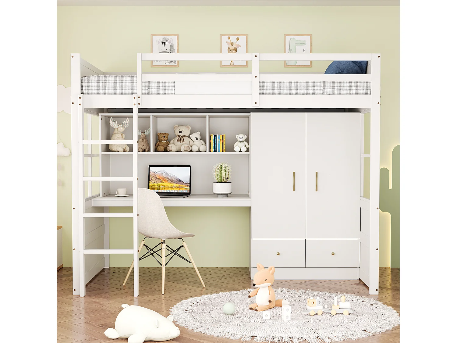 Hoogslaper 90x200 cm van hout, wit, met ladder, bureau en kledingkast met lades