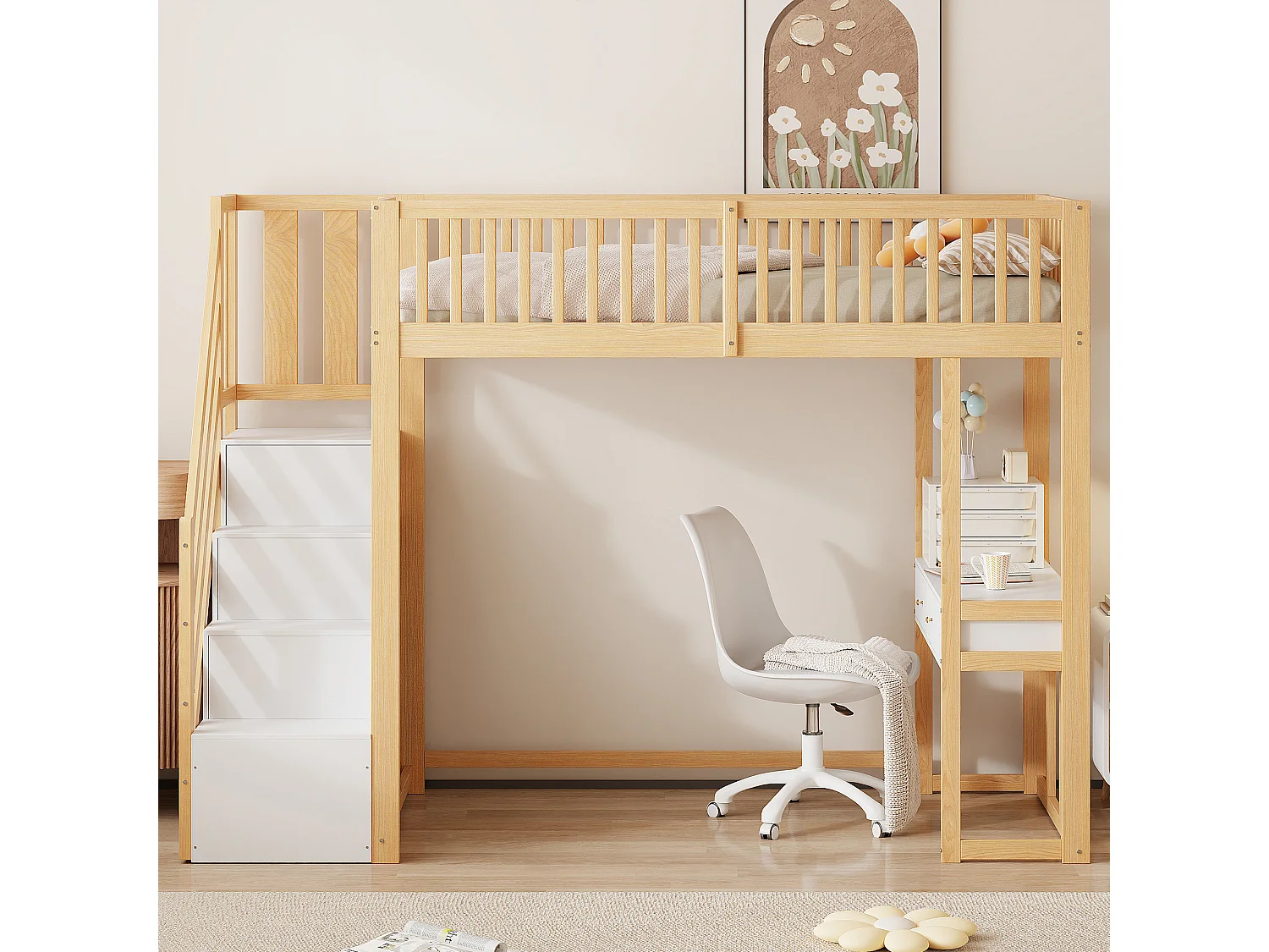 Lit mezzanine 90x200 cm en pin massif blanc avec escalier de rangement sécurisé et bureau intégré