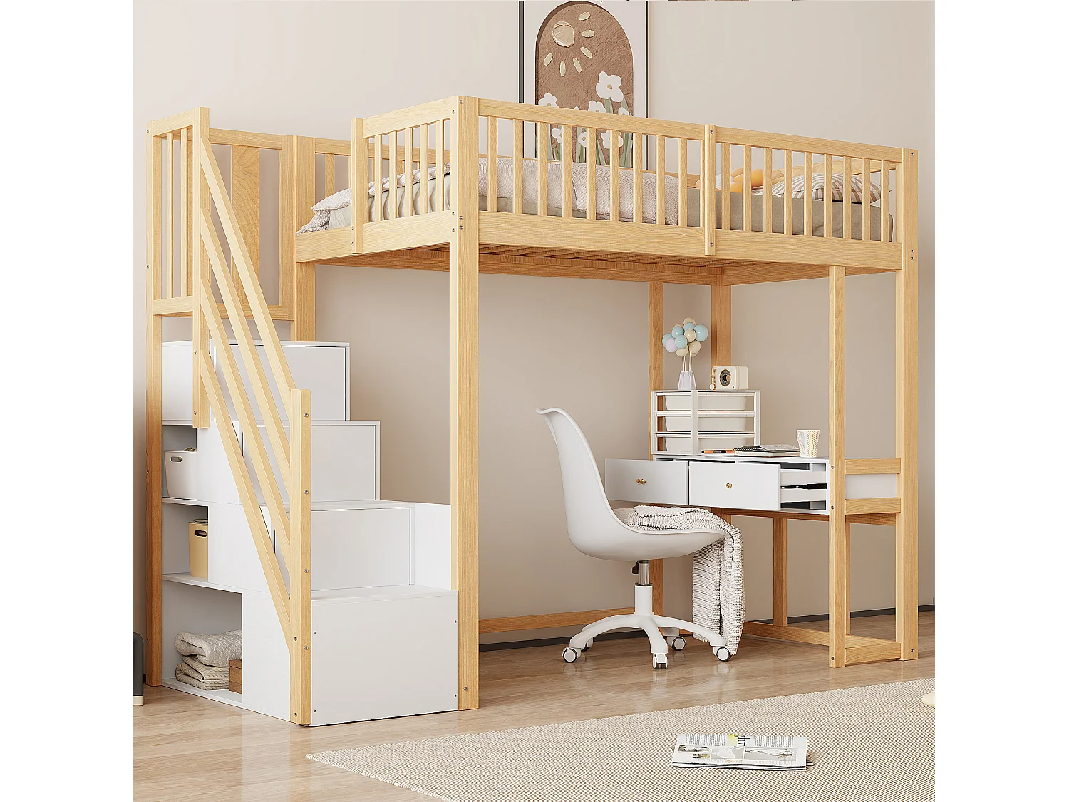 Lit mezzanine 90x200 cm en pin massif blanc avec escalier de rangement sécurisé et bureau intégré