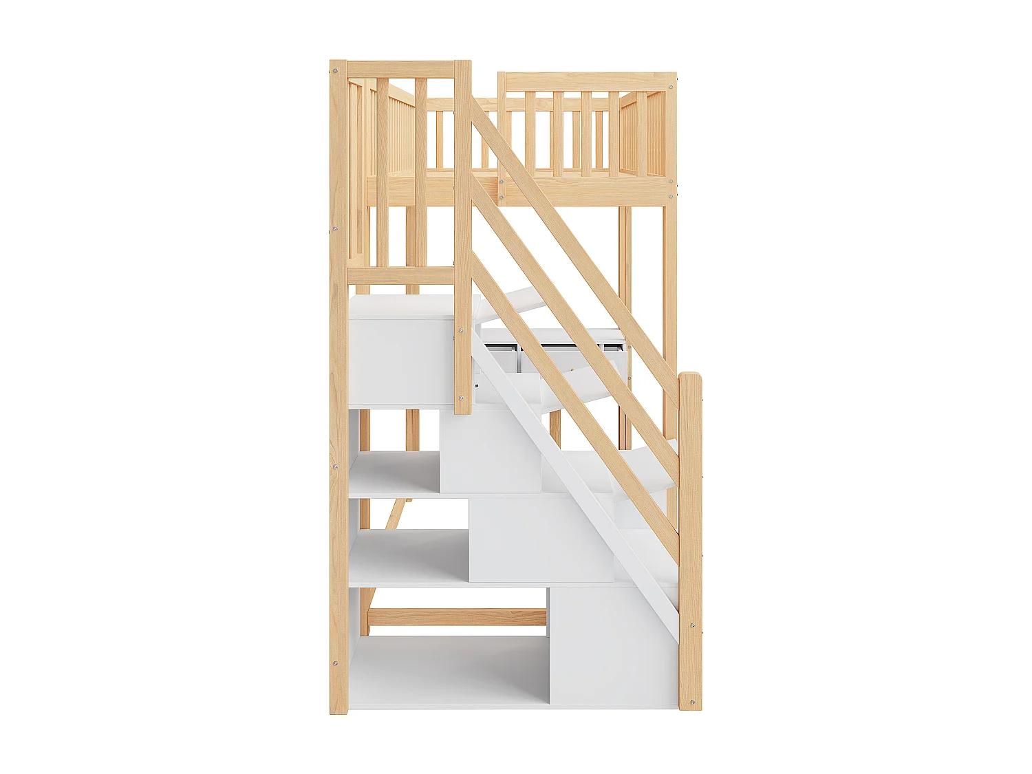 Lit mezzanine 90x200 cm en pin massif blanc avec escalier de rangement sécurisé et bureau intégré