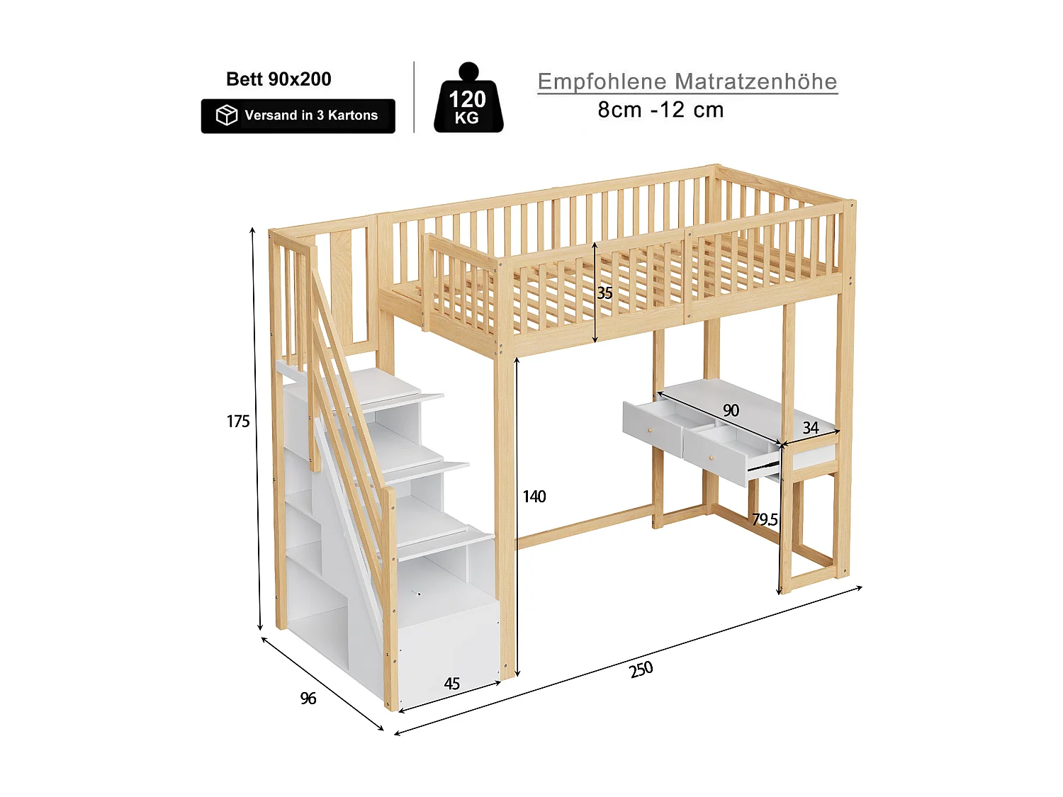 Lit mezzanine 90x200 cm en pin massif blanc avec escalier de rangement sécurisé et bureau intégré