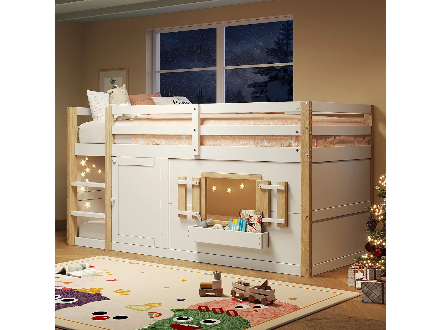 Lit superposé enfant 90×200 cm blanc, avec échelle, espace de jeu sous le lit, bois MDF, structure stable, sans matelas