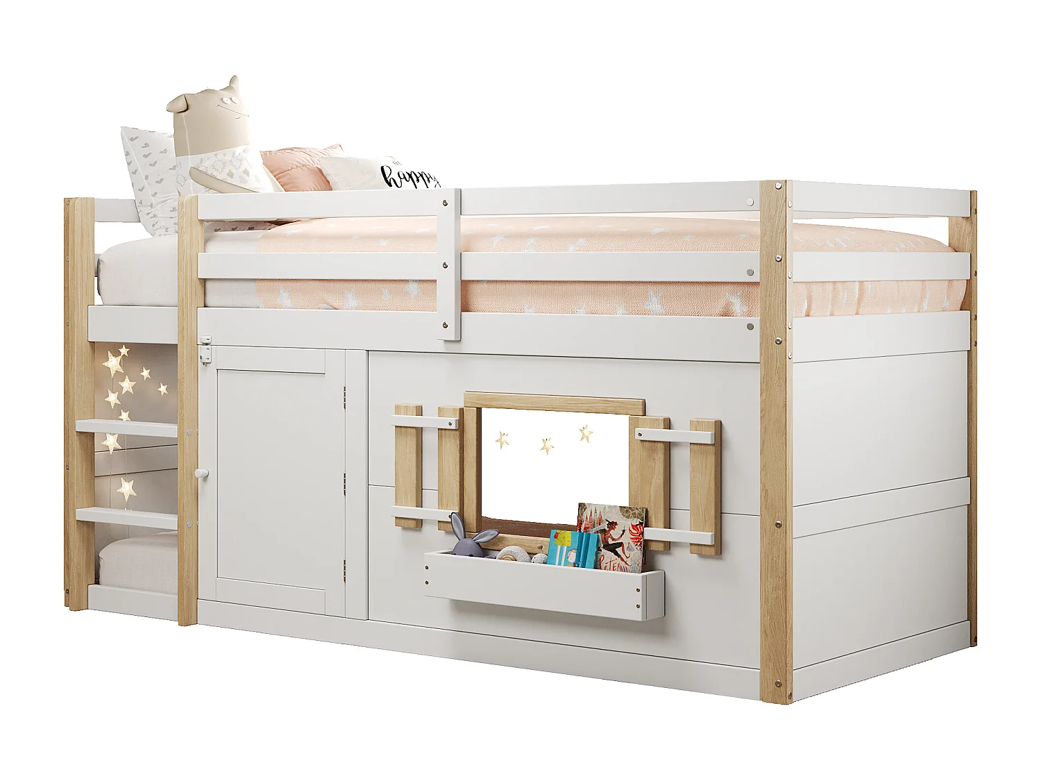 Lit superposé enfant 90×200 cm blanc, avec échelle, espace de jeu sous le lit, bois MDF, structure stable, sans matelas