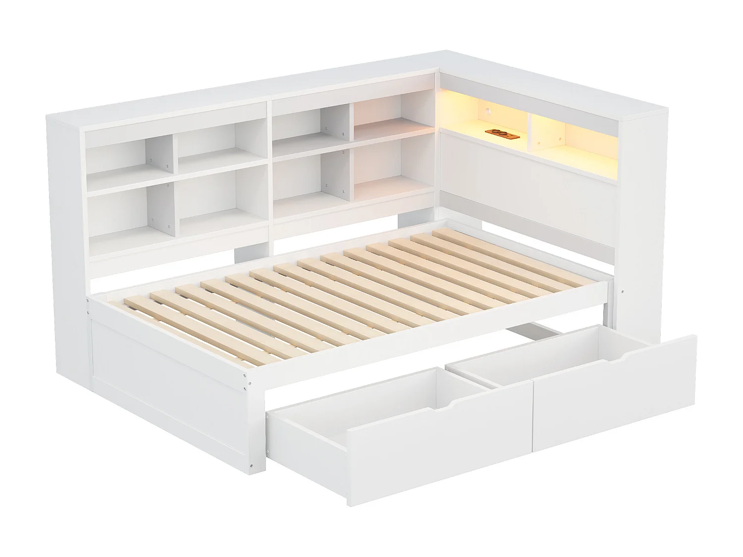 Lit canapé 90x200 cm en bois massif, avec étagères, LED, USB, prises et rangement, multifonction, blanc