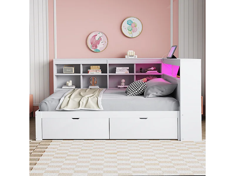 Lit canapé 90x200 cm en bois massif, avec étagères, LED, USB, prises et rangement, multifonction, blanc