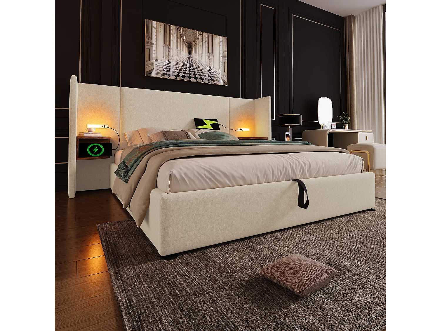 Lit tapissé 160x200 cm double, avec chevet, lampe lecture, USB-C, rangement, cadre bois et métal, tissu lin beige (Avec matelas)