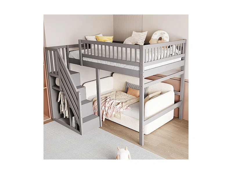 Lit en bois massif 140x200 cm gris, avec escalier de rangement, garde-corps haut, lit double pour ado