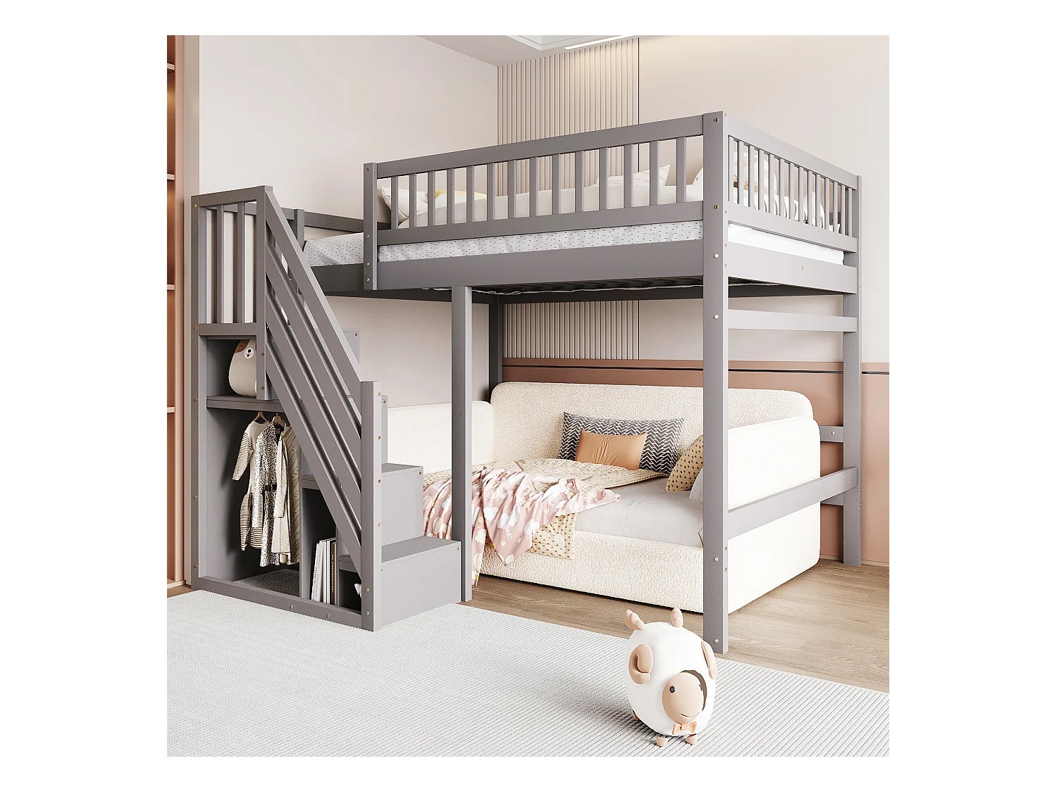 Lit en bois massif 140x200 cm gris, avec escalier de rangement, garde-corps haut, lit double pour ado