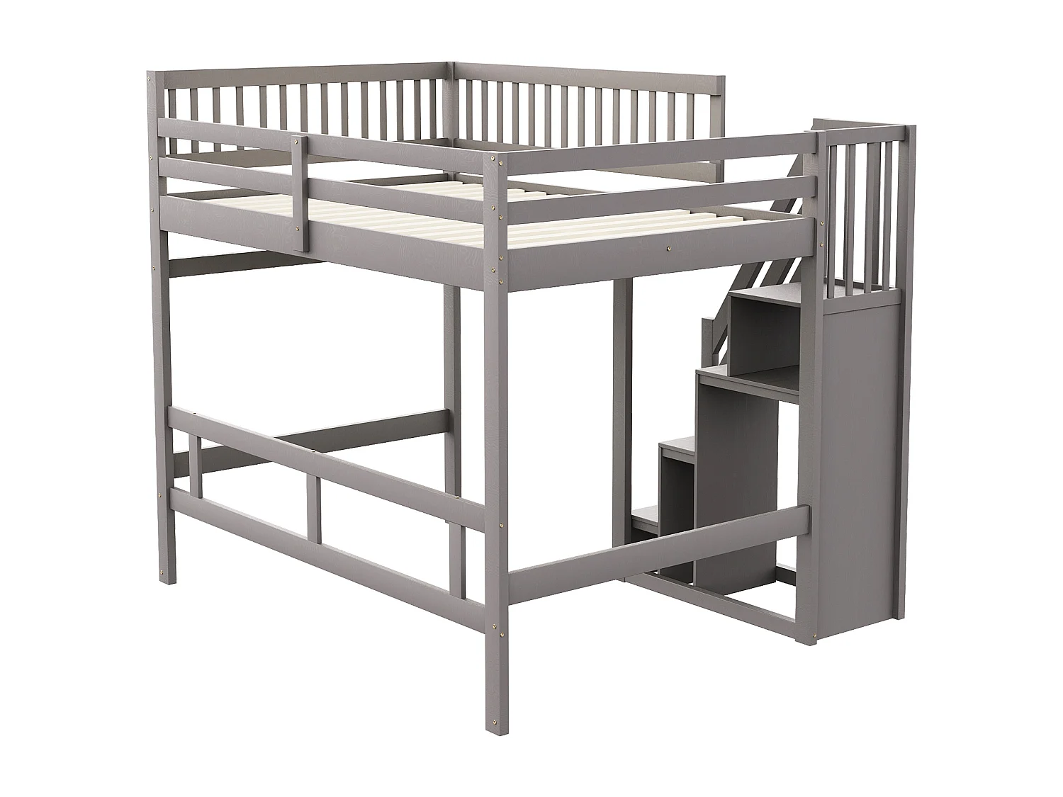 Lit en bois massif 140x200 cm gris, avec escalier de rangement, garde-corps haut, lit double pour ado