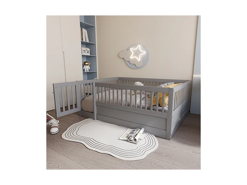 Lit enfant 140x200 cm en bois avec barrière et porte, simple et pratique, gris