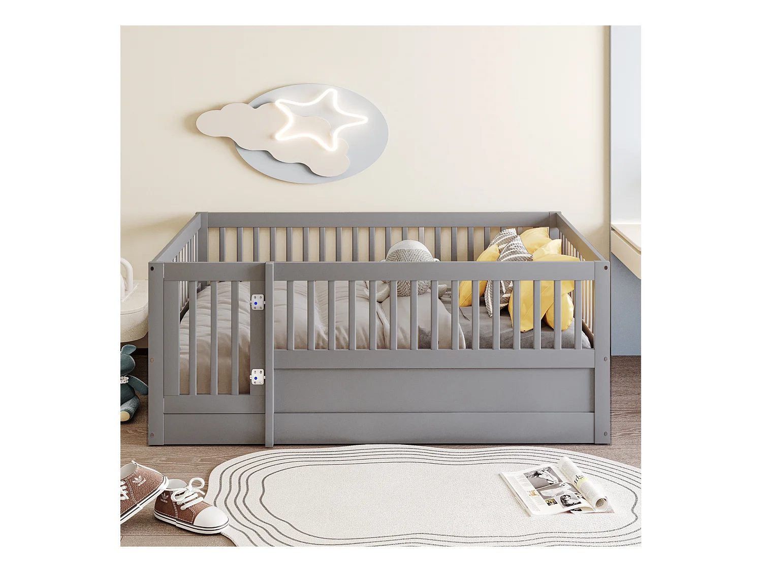 Lit enfant 140x200 cm en bois avec barrière et porte, simple et pratique, gris