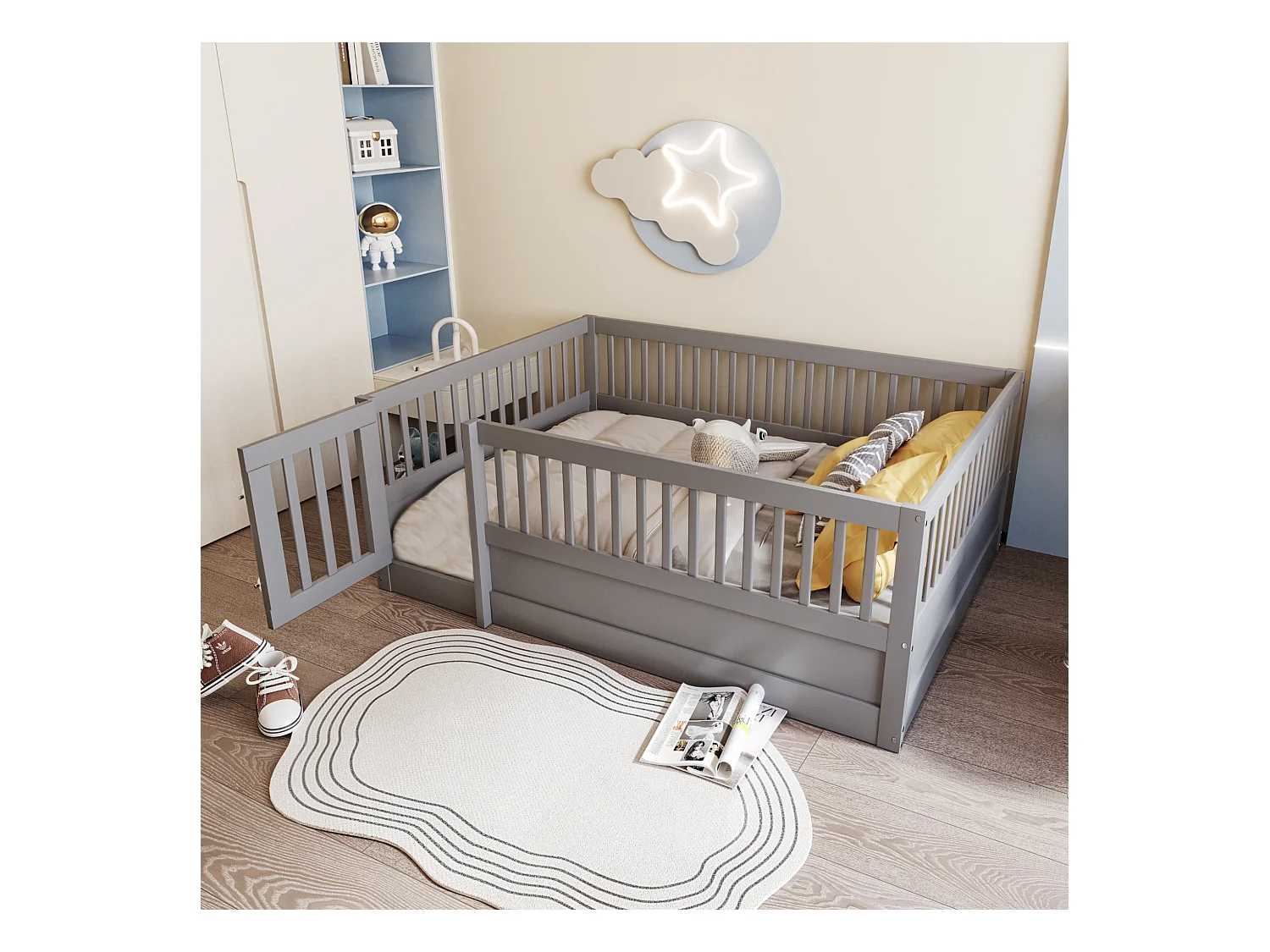 Lit enfant 140x200 cm en bois avec barrière et porte, simple et pratique, gris