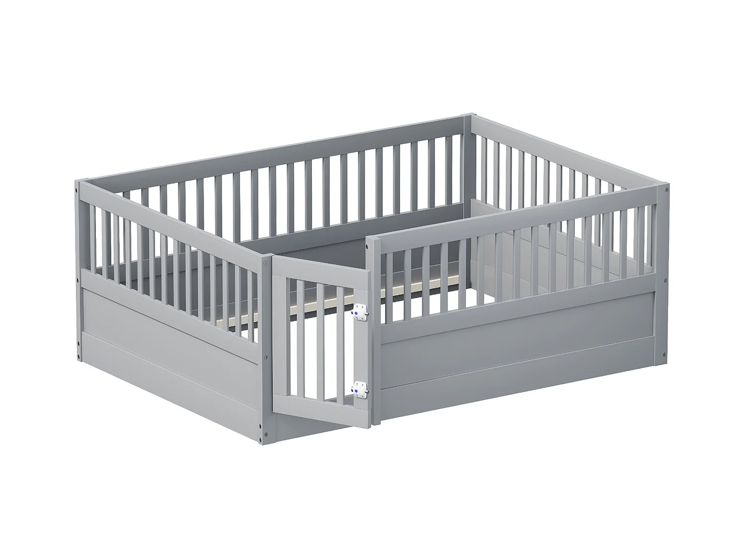 Lit enfant 140x200 cm en bois avec barrière et porte, simple et pratique, gris