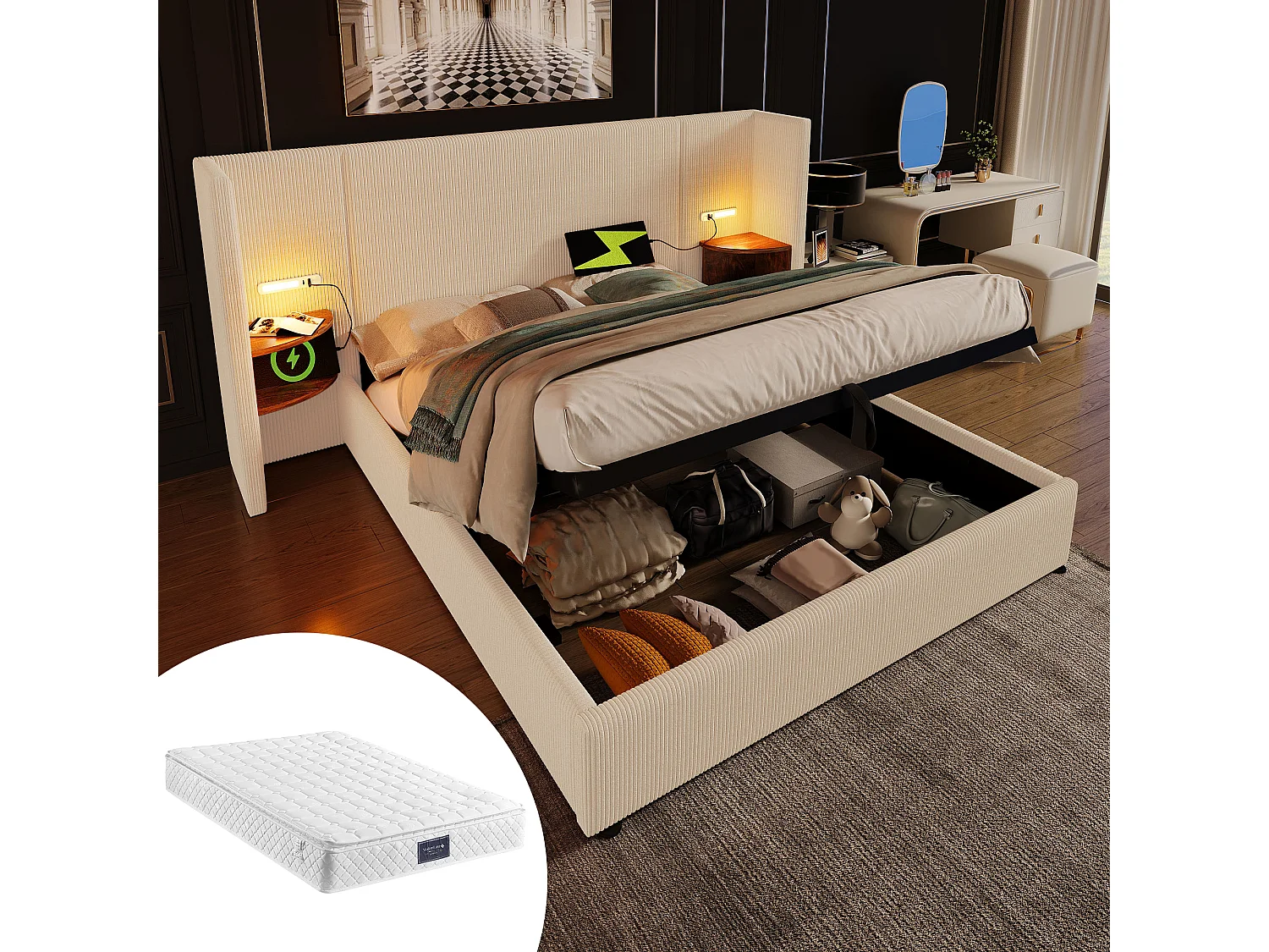 Lit tapissé 160x200 cm double, avec chevet, lampe lecture, USB-C, rangement, cadre bois et métal, tissu cord beige-blanc (Avec matelas)