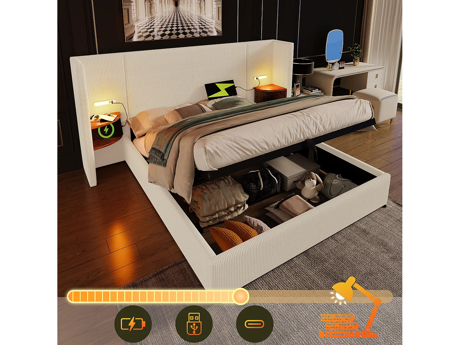 Lit tapissé 160x200 cm double, avec chevet, lampe lecture, USB-C, rangement, cadre bois et métal, tissu cord beige-blanc (Avec matelas)