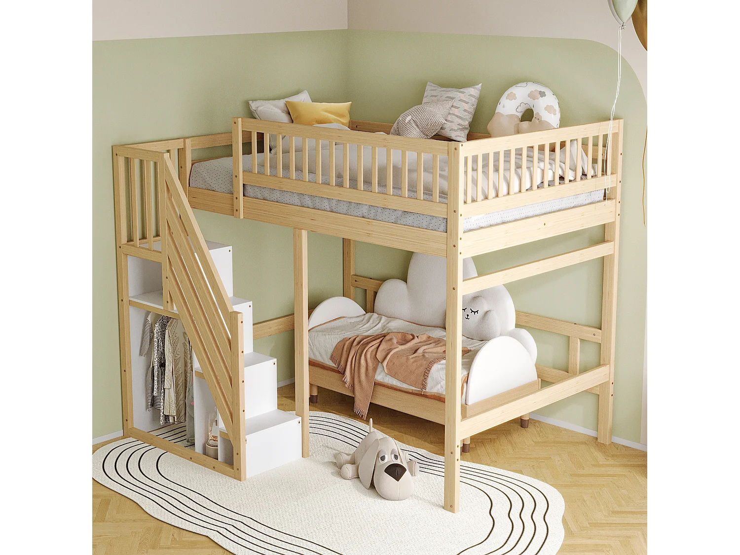 Lit en bois massif 140x200 cm couleur bois, escalier avec rangement, barrière haute, lit enfant solide