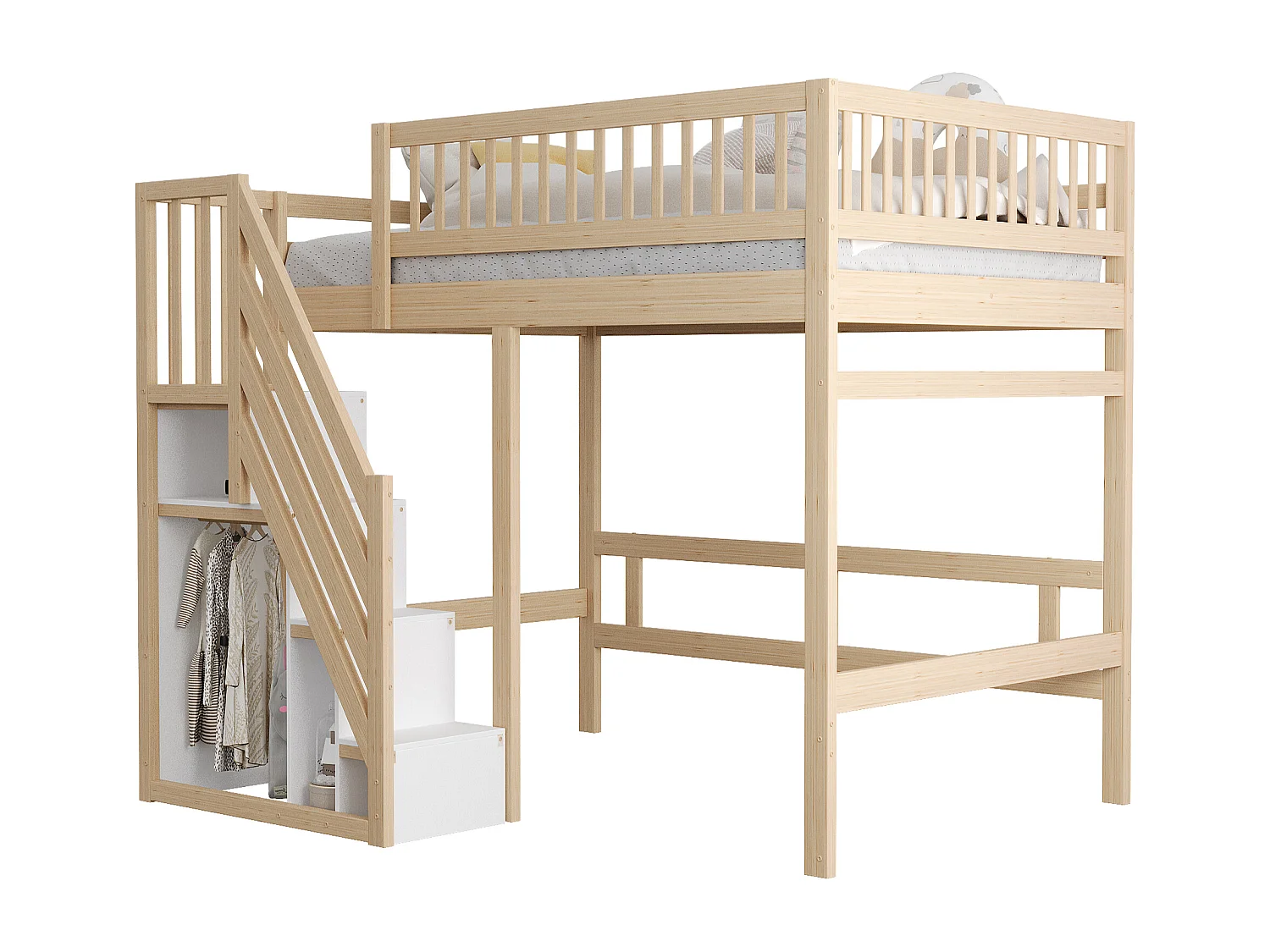 Lit en bois massif 140x200 cm couleur bois, escalier avec rangement, barrière haute, lit enfant solide