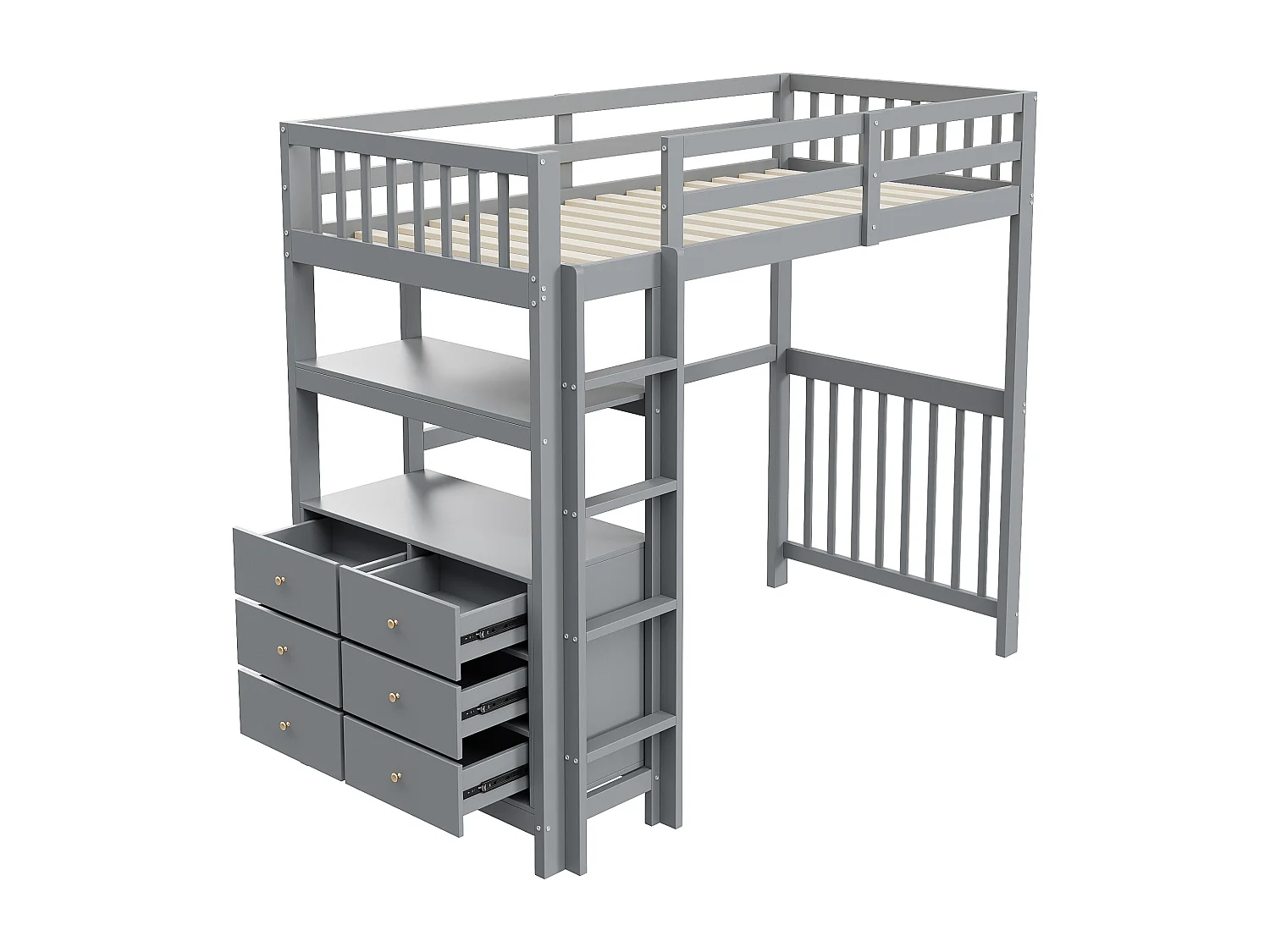 Lit mezzanine 90x200 cm en pin gris, avec échelle verticale, tiroirs, étagères et sommier à lattes intégré