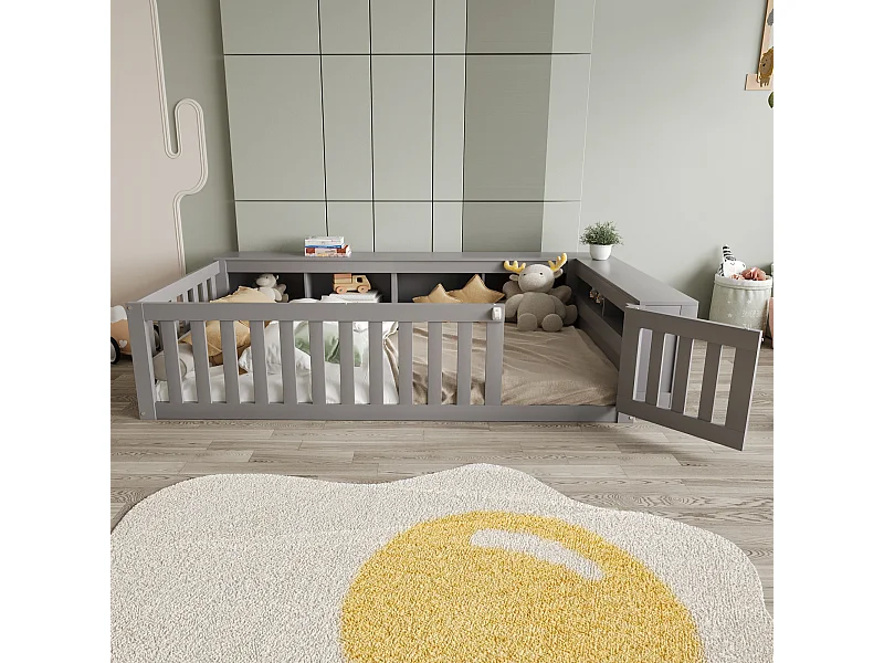 Lit enfant 90x200 cm multifonction, avec nombreux rangements, barrière et porte, sécurité totale, bois massif, gris