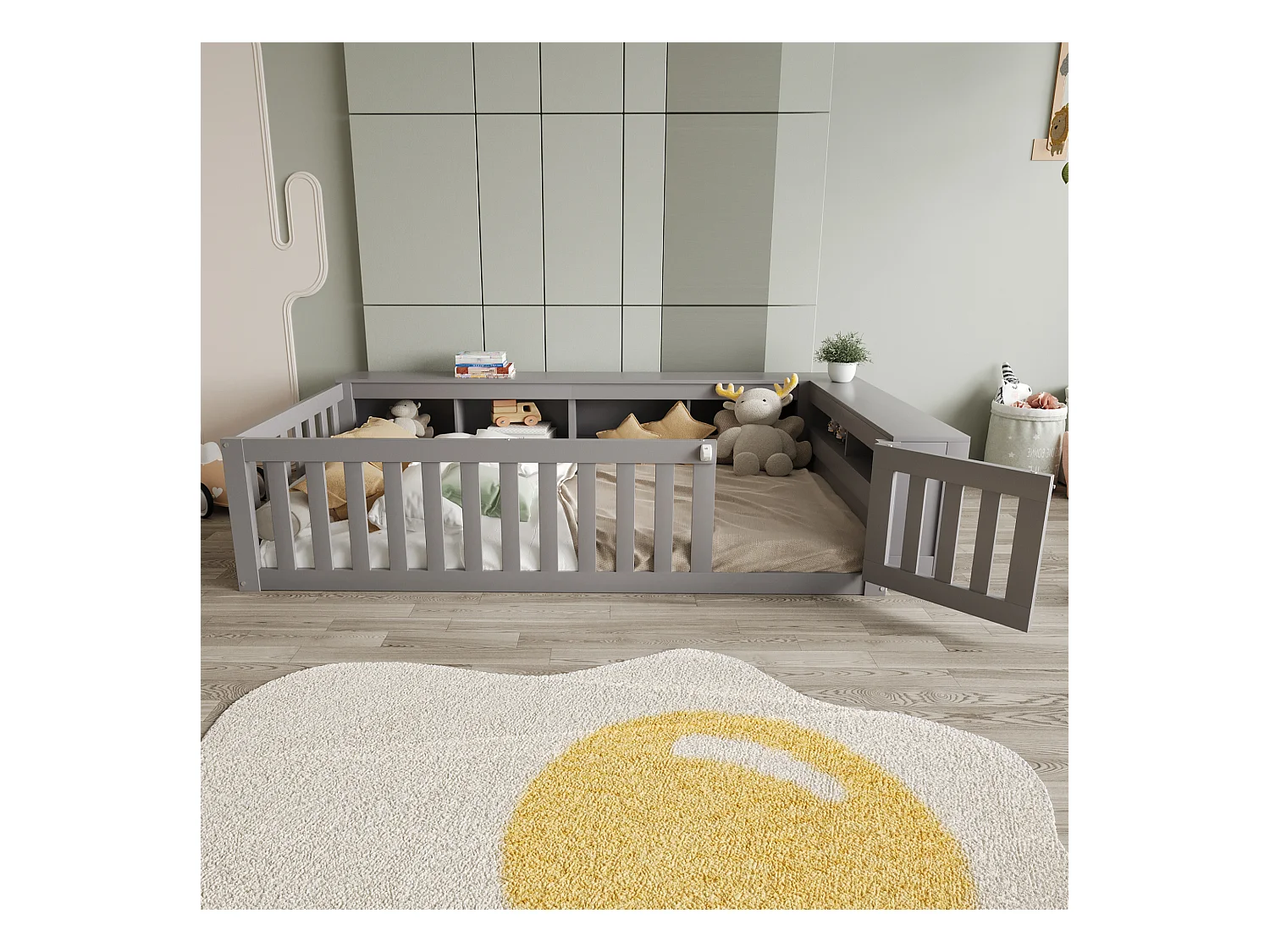 Lit enfant 90x200 cm multifonction, avec nombreux rangements, barrière et porte, sécurité totale, bois massif, gris