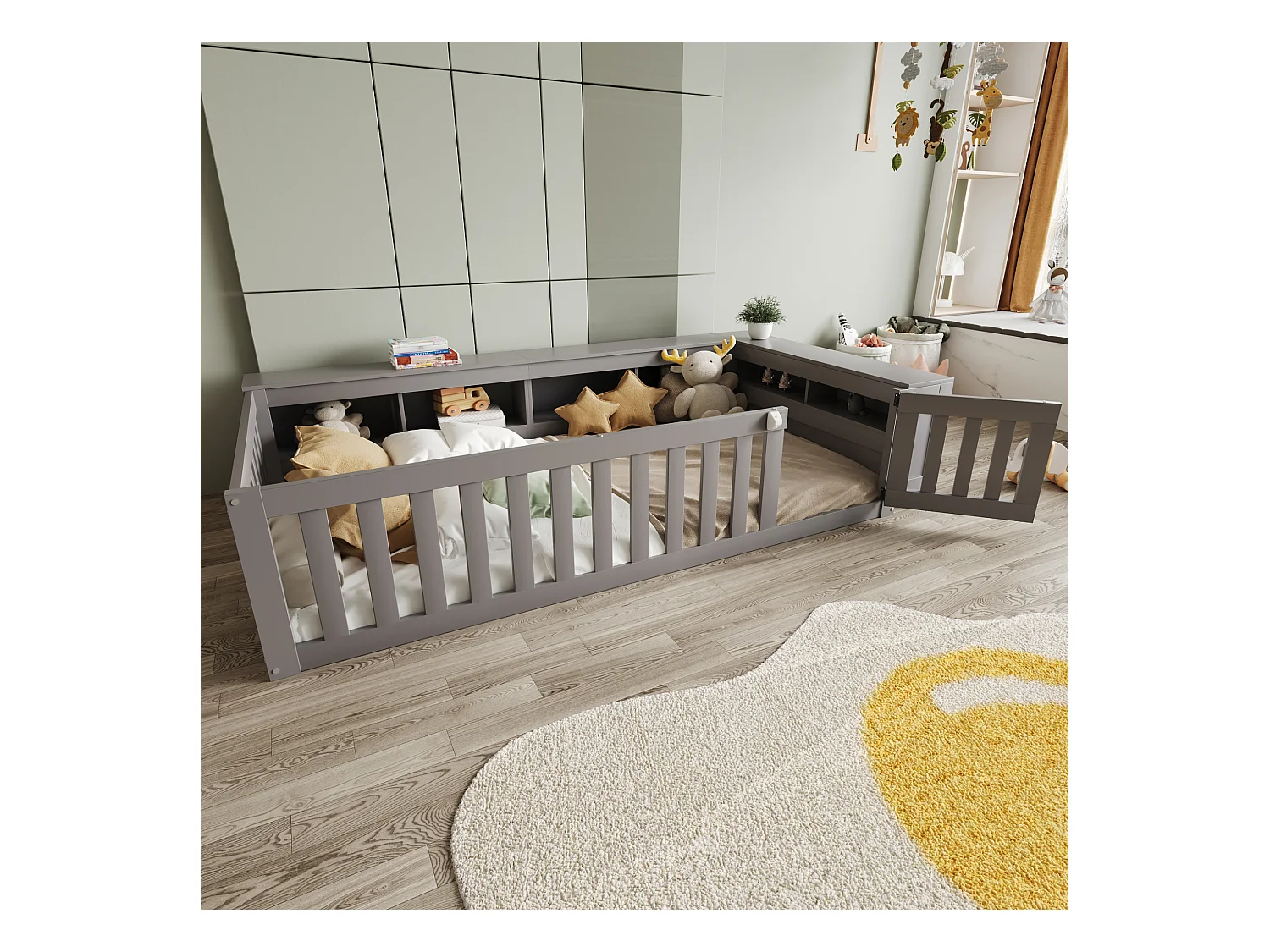 Lit enfant 90x200 cm multifonction, avec nombreux rangements, barrière et porte, sécurité totale, bois massif, gris