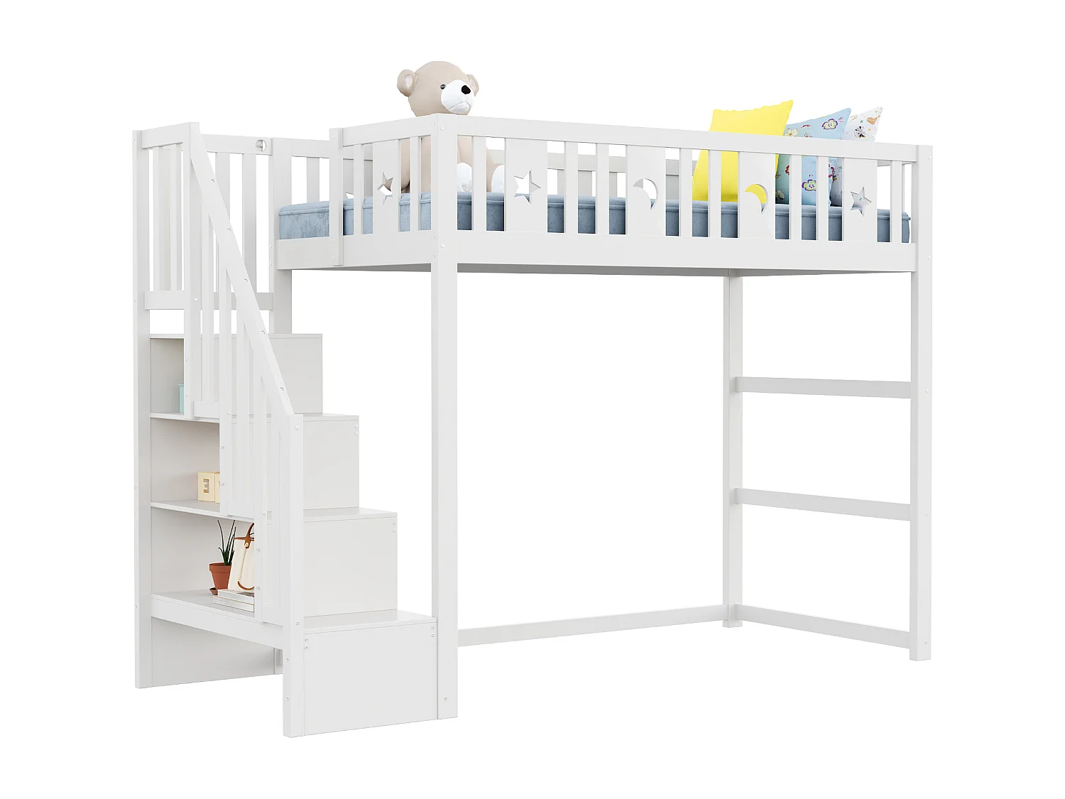 Lit mezzanine 90x200 cm, bois massif, échelle et barrières de sécurité, décoration étoiles et lune, tiroirs, lit enfant, blanc