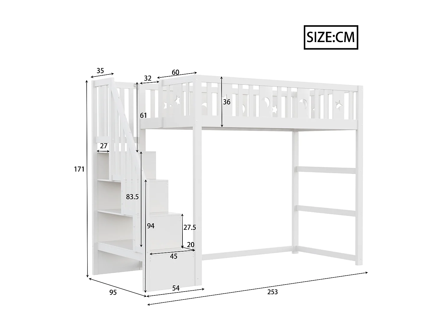 Lit mezzanine 90x200 cm, bois massif, échelle et barrières de sécurité, décoration étoiles et lune, tiroirs, lit enfant, blanc
