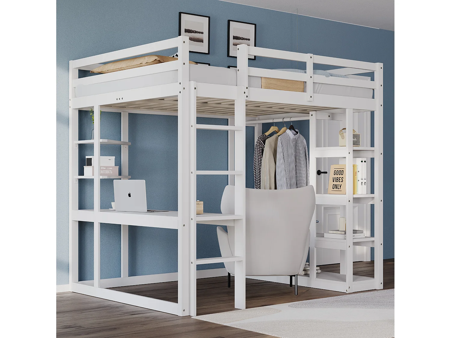 Lit mezzanine bois massif 140x200 cm, avec échelle, table et étagères, supports simples et plan laminé, lit enfant, lit junior, lit double, blanc