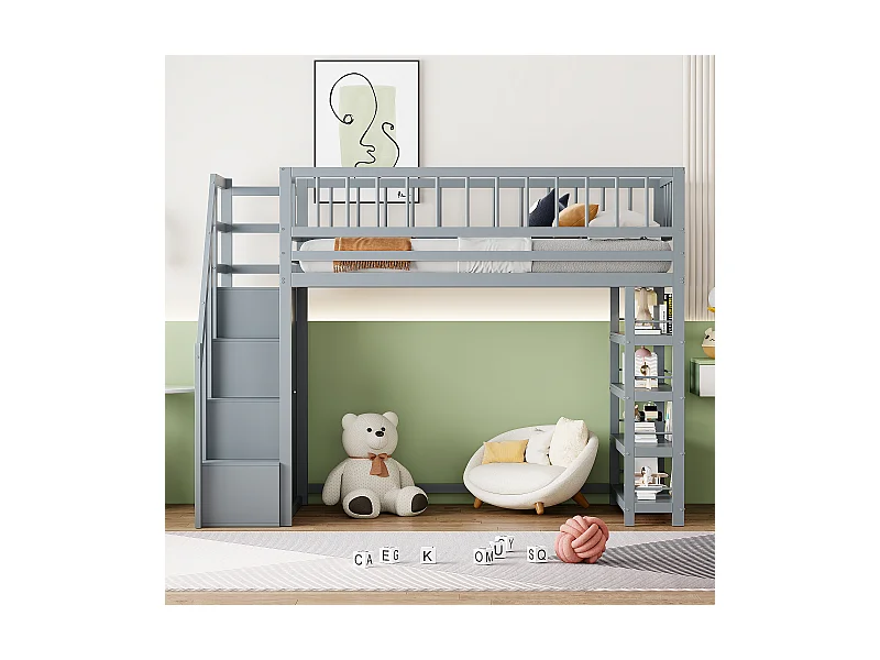 Lit mezzanine 90x200 cm gris avec échelle de sécurité, armoire et étagères, lit multifonction bois massif