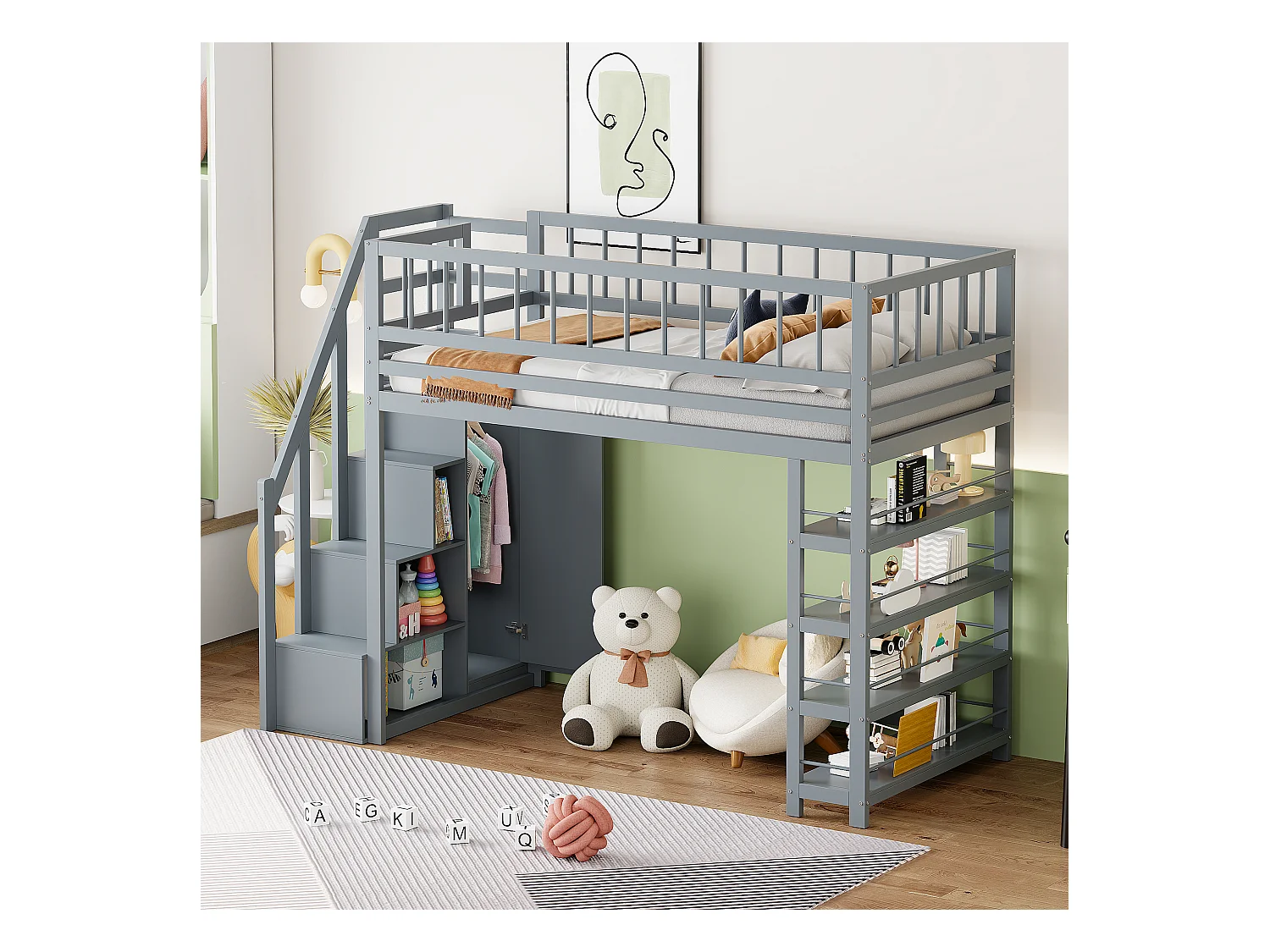 Lit mezzanine 90x200 cm gris avec échelle de sécurité, armoire et étagères, lit multifonction bois massif