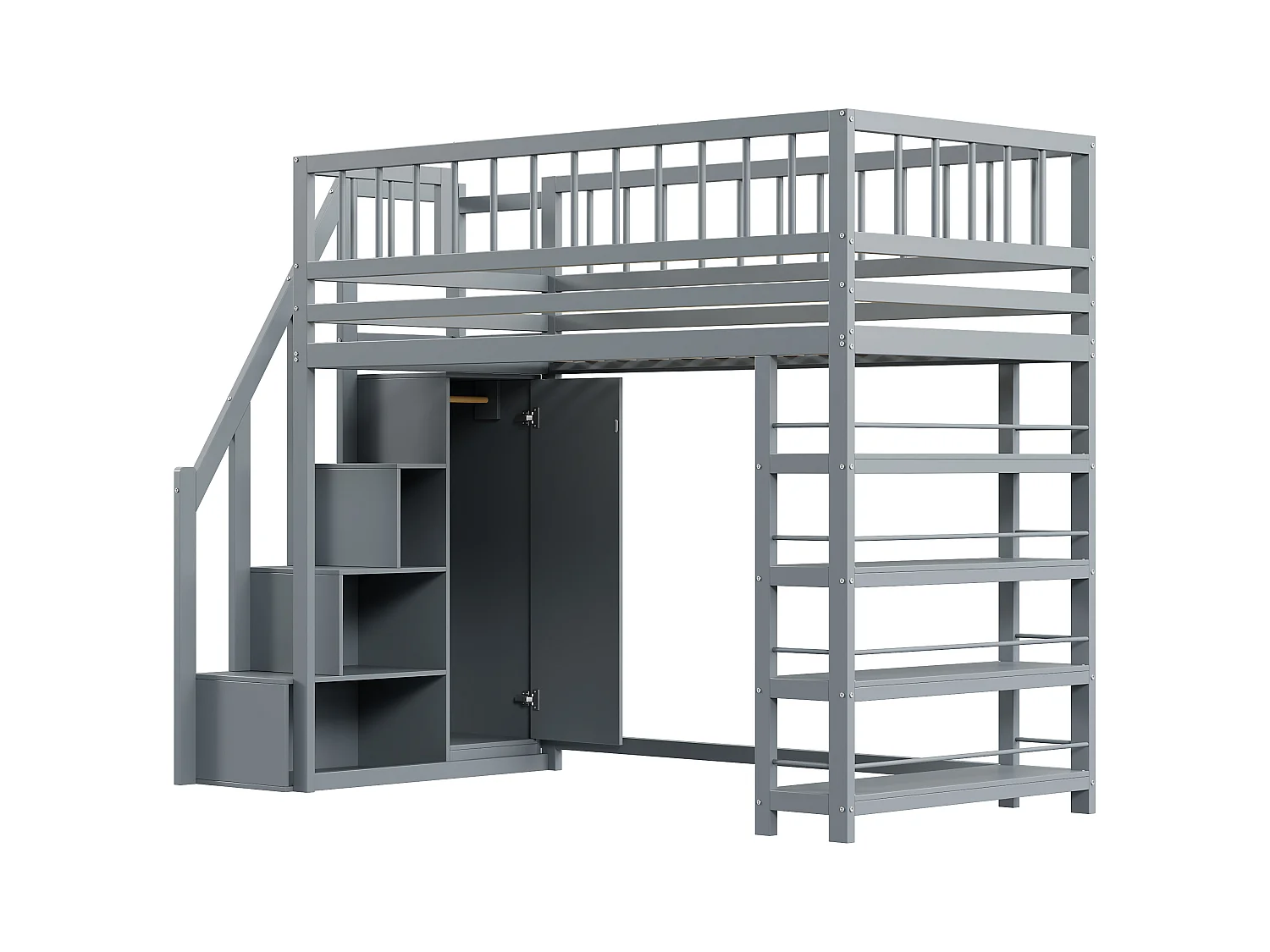 Lit mezzanine 90x200 cm gris avec échelle de sécurité, armoire et étagères, lit multifonction bois massif